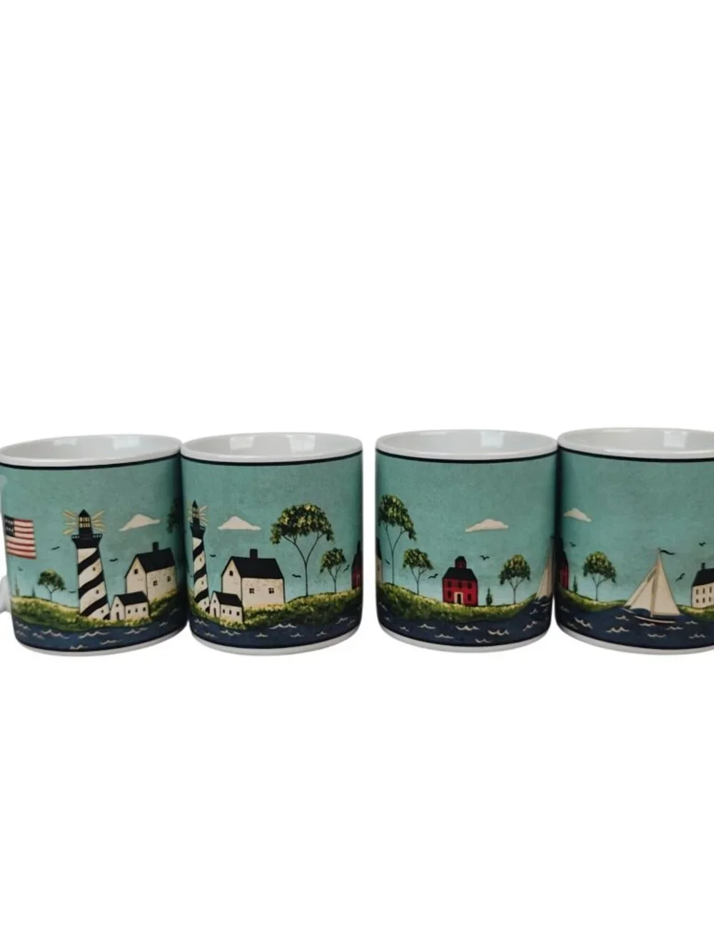 Warren Kimble Coastal Breeze Ceramic Mugs Lighthouse Scene Set Of 4 1998 Sakura